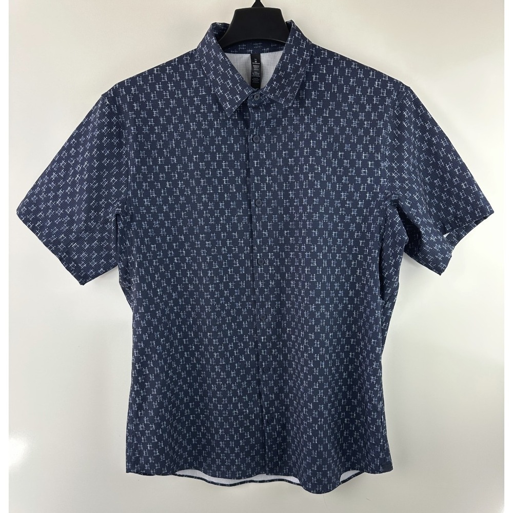Lululemon Airing Easy Short Sleeve Buttondown IKat Check White Navy Shirt XL EUC - Picture 11 of 11